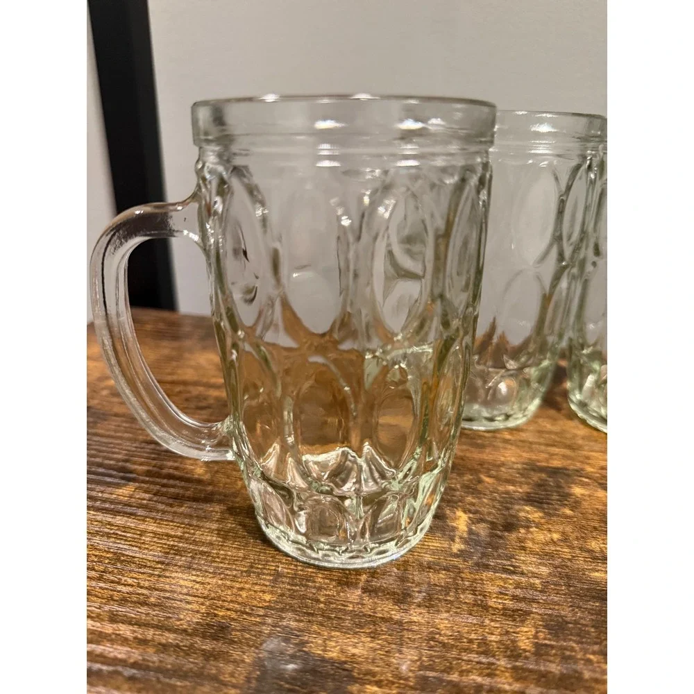 Vintage Thumbprint Glass RootBeer Mugs Set of 4 Clear Dimple Steins 5.5
